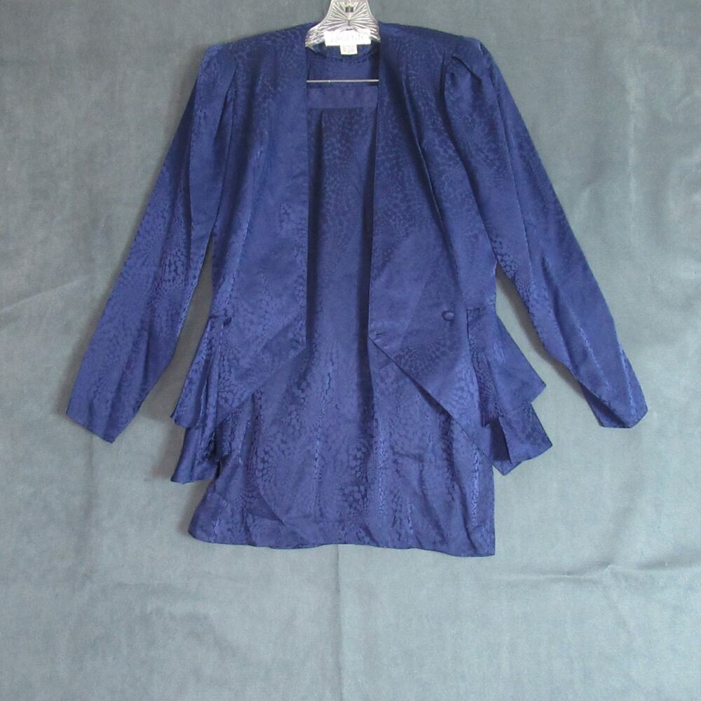 Vintage Argenti Skirt Suit Womens Size 6 Blue Silk Peplum Top Pencil 2 Pc 80s